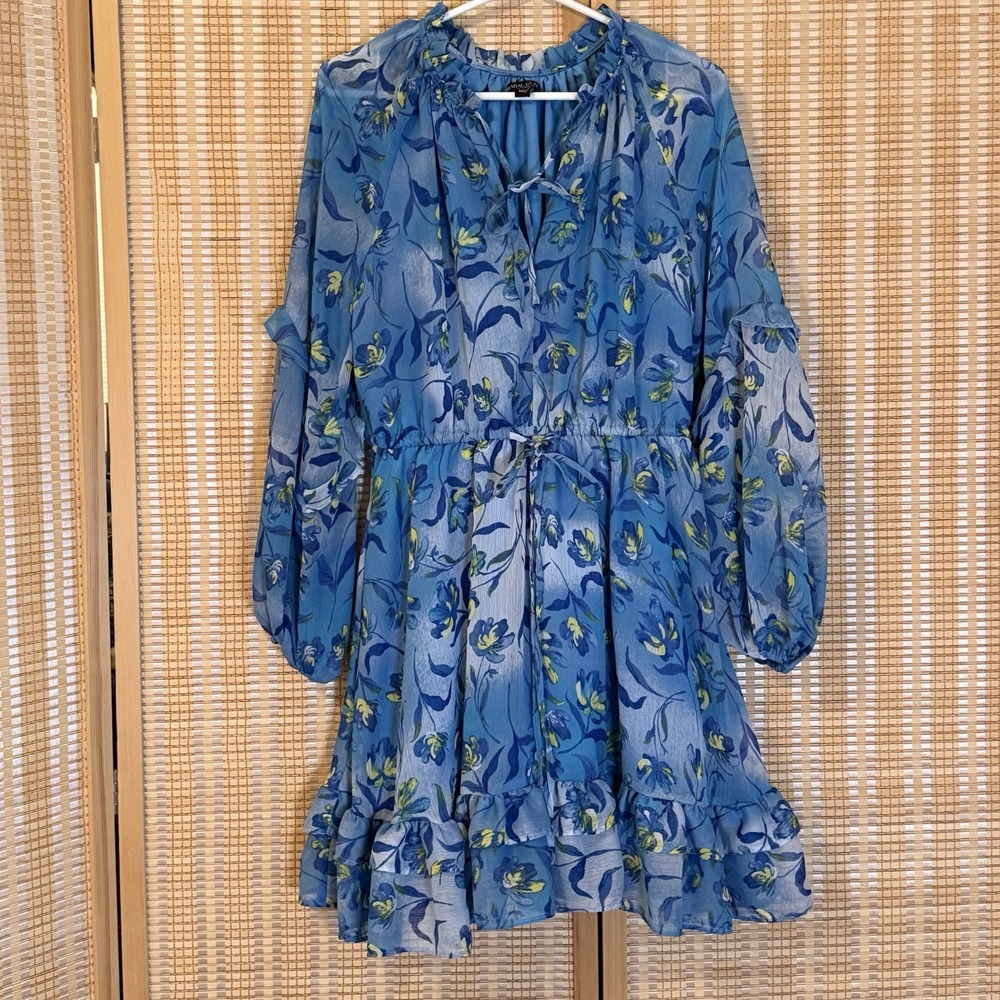 Prabal Gurung Wimens S Dress Long Sleeve Floral Blue Ruffle Fairycore Boho Party